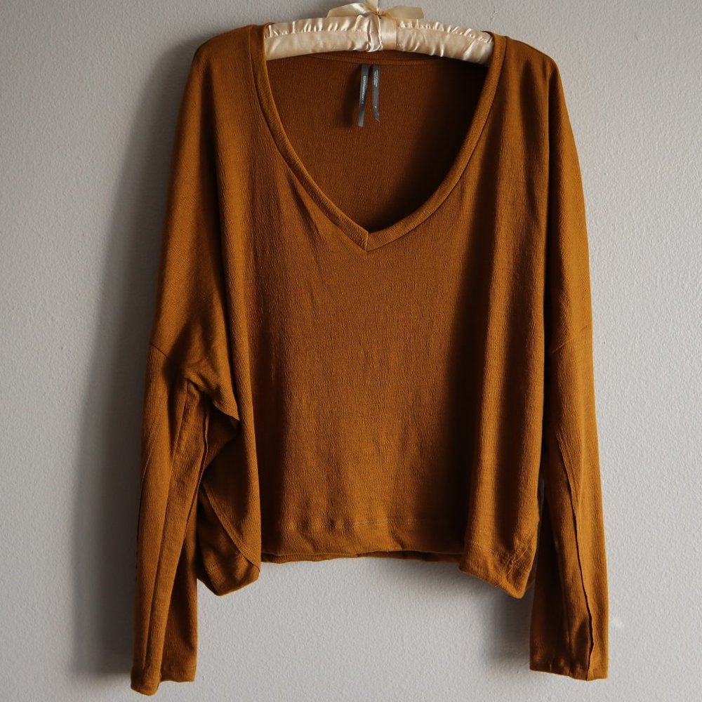 Anthropologie Mustard Yellow Brown Textured Long Sleeve V-Neck Top Size Small